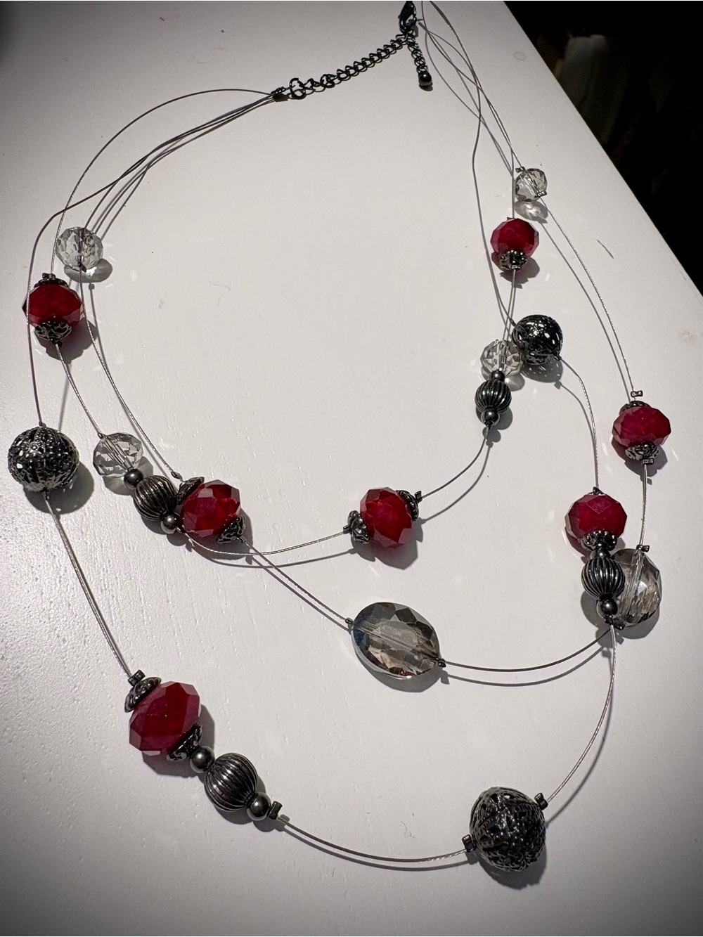 Multi-Strand Red & Silver Bead Necklace - Vintage